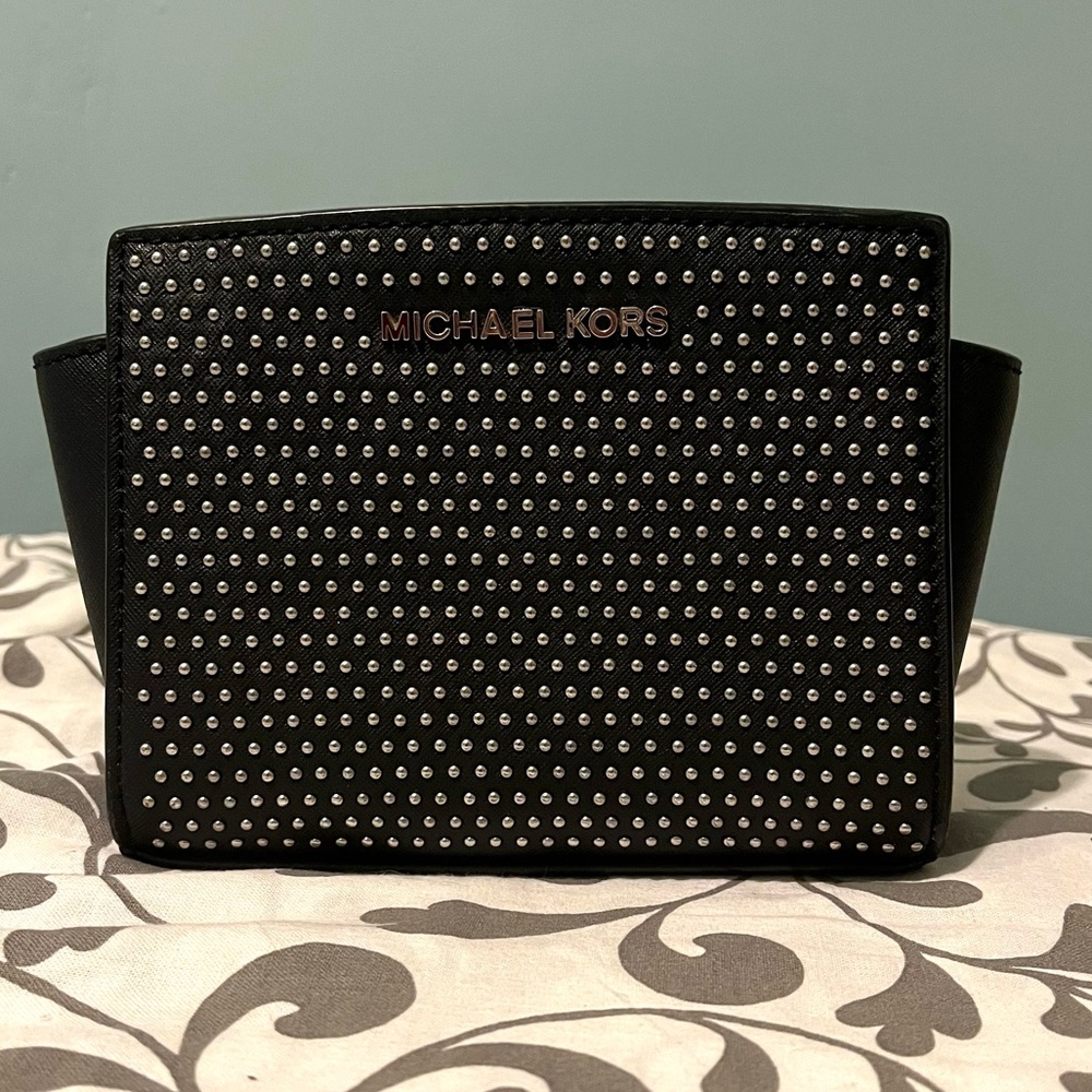 MK Michael Kors black mini xs Selma stud crossbody bag purse